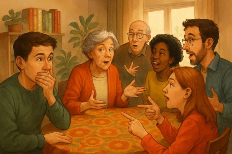 Un gruppo di persone sedute attorno a un tavolo che giocano insieme, mostrando espressioni di concentrazione e divertimento.