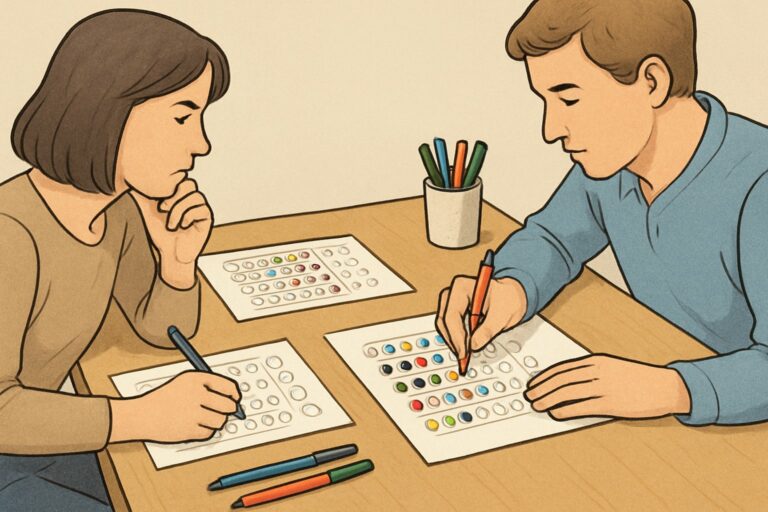 Due persone sedute a un tavolo che giocano a Mastermind usando carta e penna, con fogli mostranti codici colorati e segni di feedback.