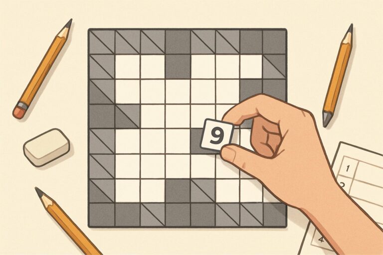 Una mano che inserisce un numero in una griglia di Kakuro con celle bianche e celle con indizi, mostrata in un ambiente di apprendimento.