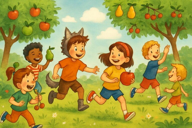 Bambini che giocano all'aperto a Lupo Mangia Frutta, con un bambino travestito da lupo che insegue gli altri tra alberi da frutta e prato verde.