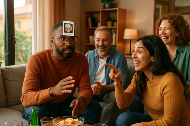 Un gruppo di adulti che gioca insieme a un gioco di indovinare personaggi famosi, con una carta attaccata sulla fronte di una persona.