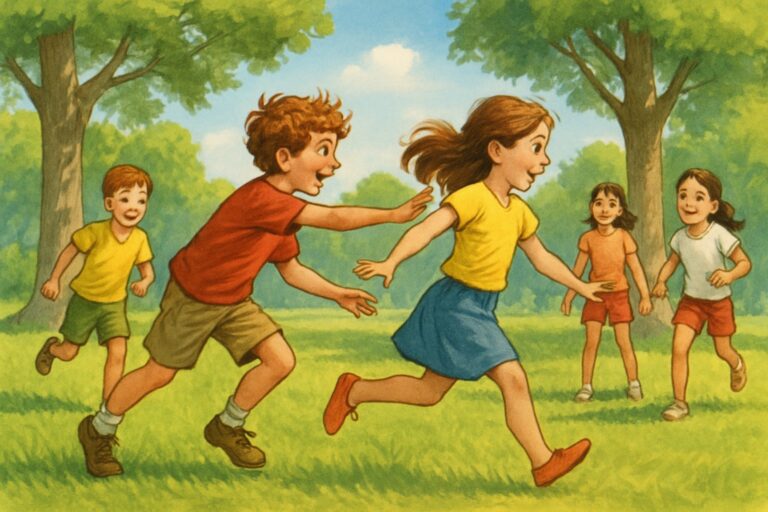 Bambini che giocano a rincorrersi in un parco soleggiato con alberi e prato verde.