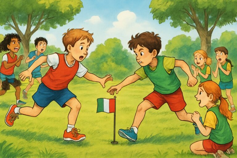 Bambini che giocano a Rubabandiera all'aperto in un parco soleggiato, correndo verso una bandiera al centro del campo.