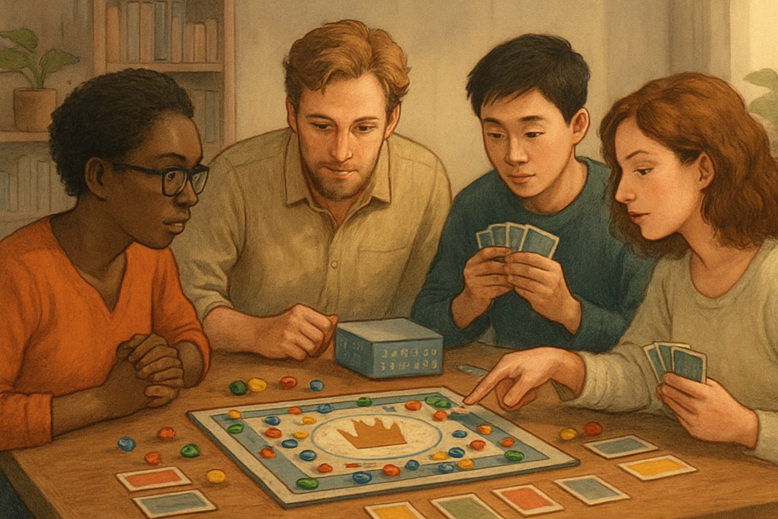 Un gruppo di persone gioca a un gioco da tavolo intorno a un tavolo, concentrati e coinvolti nella partita.