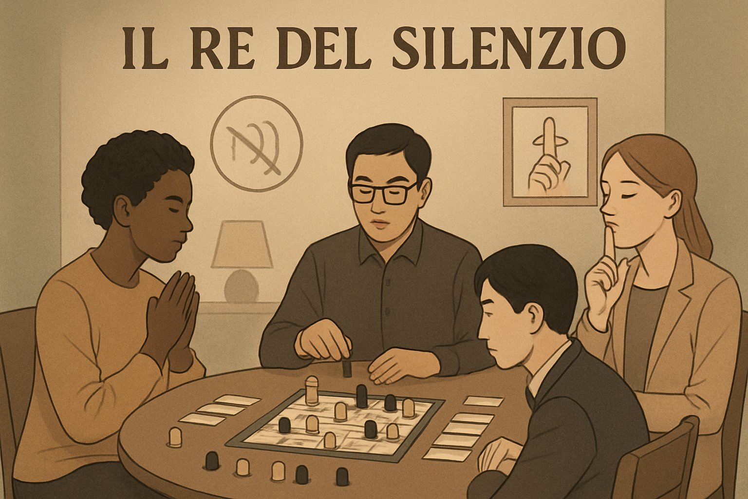 Un gruppo di persone sedute attorno a un tavolo che giocano a un gioco da tavolo in silenzio, con espressioni concentrate e ambiente accogliente.