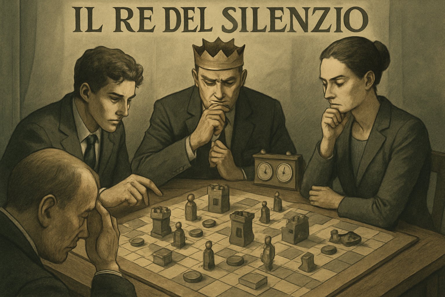 Persone concentrate intorno a un tavolo da gioco con pedine disposte strategicamente, in un ambiente tranquillo e silenzioso.