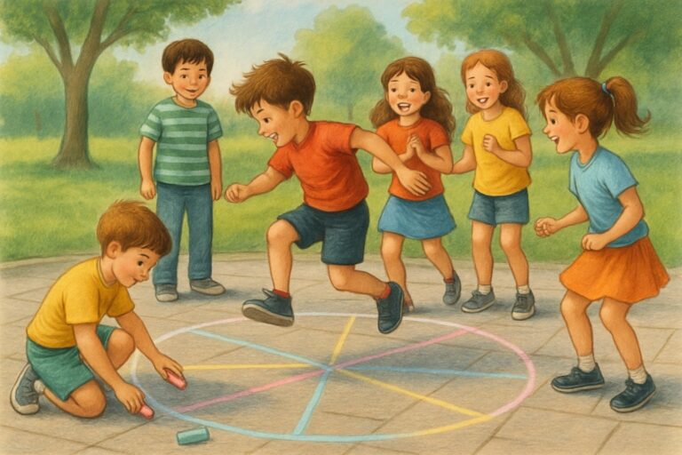 Bambini che giocano a Il Cerchio Magico disegnato con gessetti su una superficie esterna.