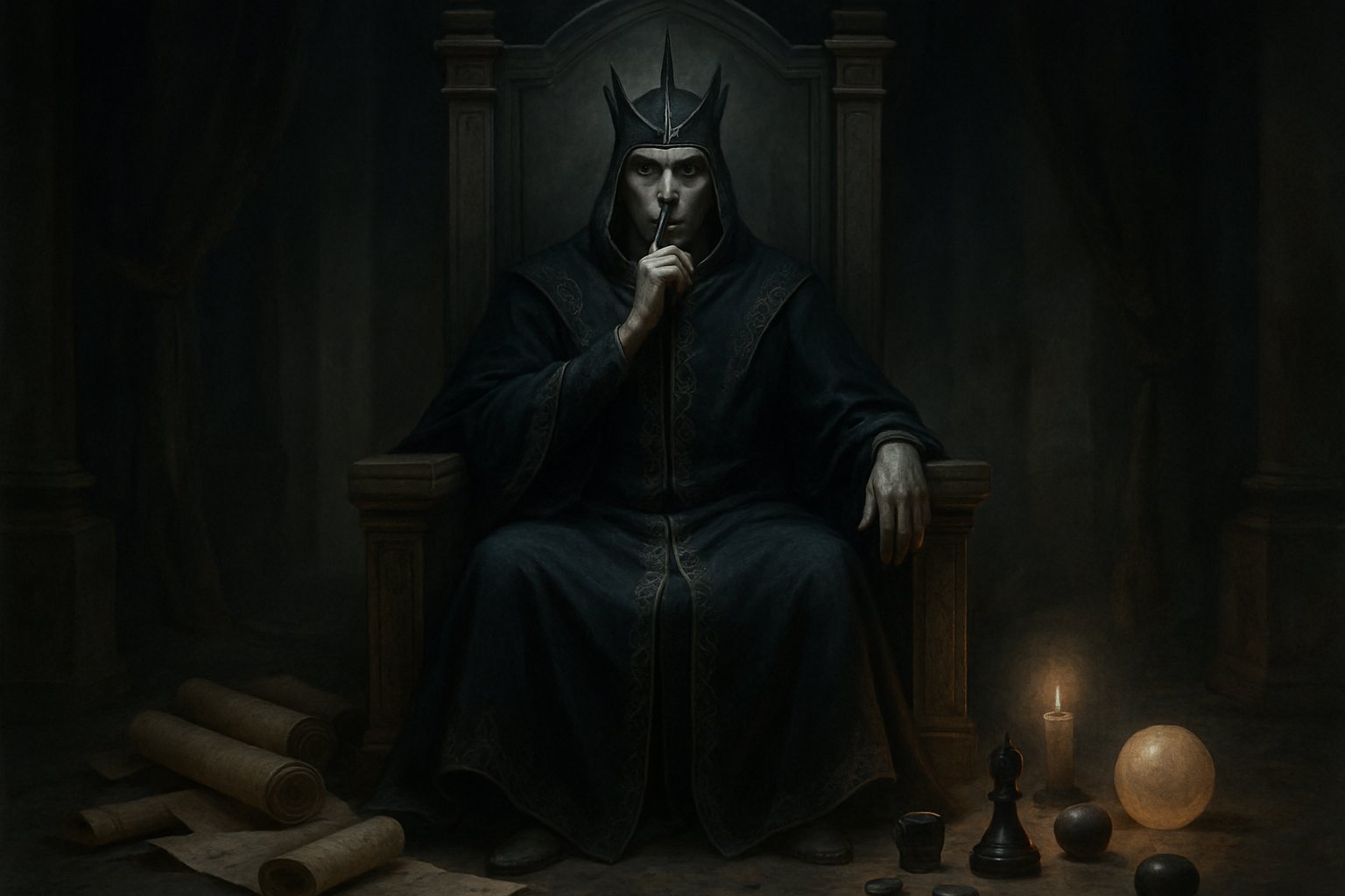 Un re silenzioso seduto su un trono in una stanza oscura con elementi che rappresentano curiosità e varianti di gioco attorno a lui.