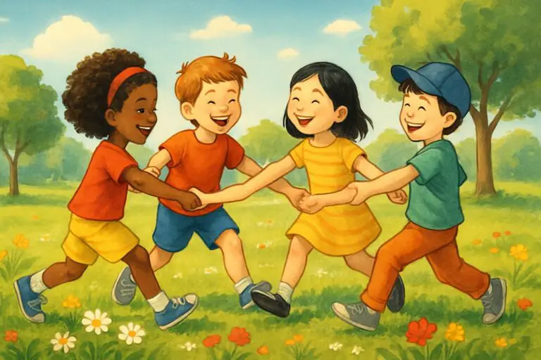 Un gruppo di bambini che giocano a Girotondo all'aperto in un parco soleggiato, tenendosi per mano e formando un cerchio mentre sorridono.