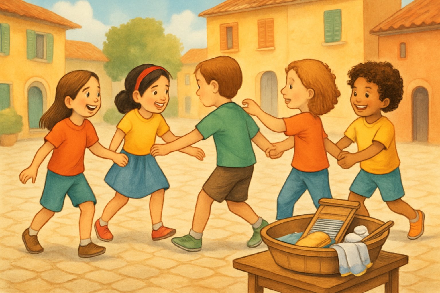 Bambini che giocano insieme all'aperto in una piazza di paese, formando un cerchio e interagendo con allegria.