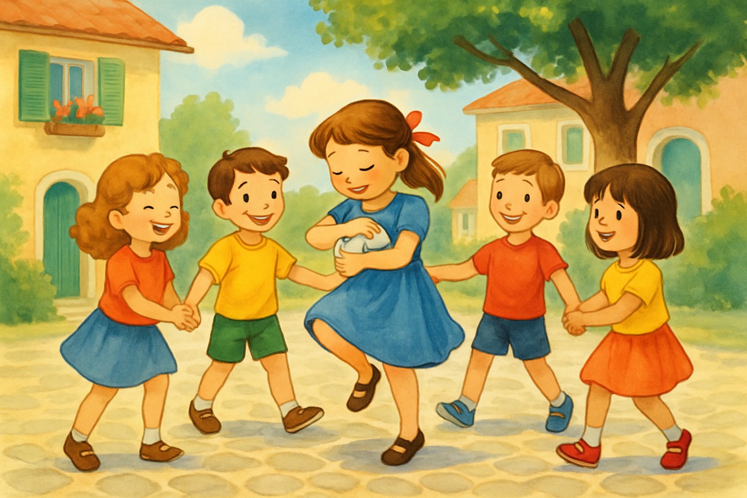 Bambini che giocano a La Bella Lavanderina all'aperto in un cortile di paese, formando un cerchio e sorridendo.