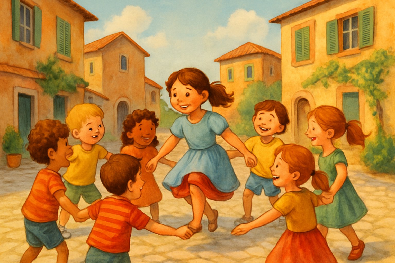 Bambini che giocano insieme in cerchio a La Bella Lavanderina in una piazza di un villaggio soleggiato.