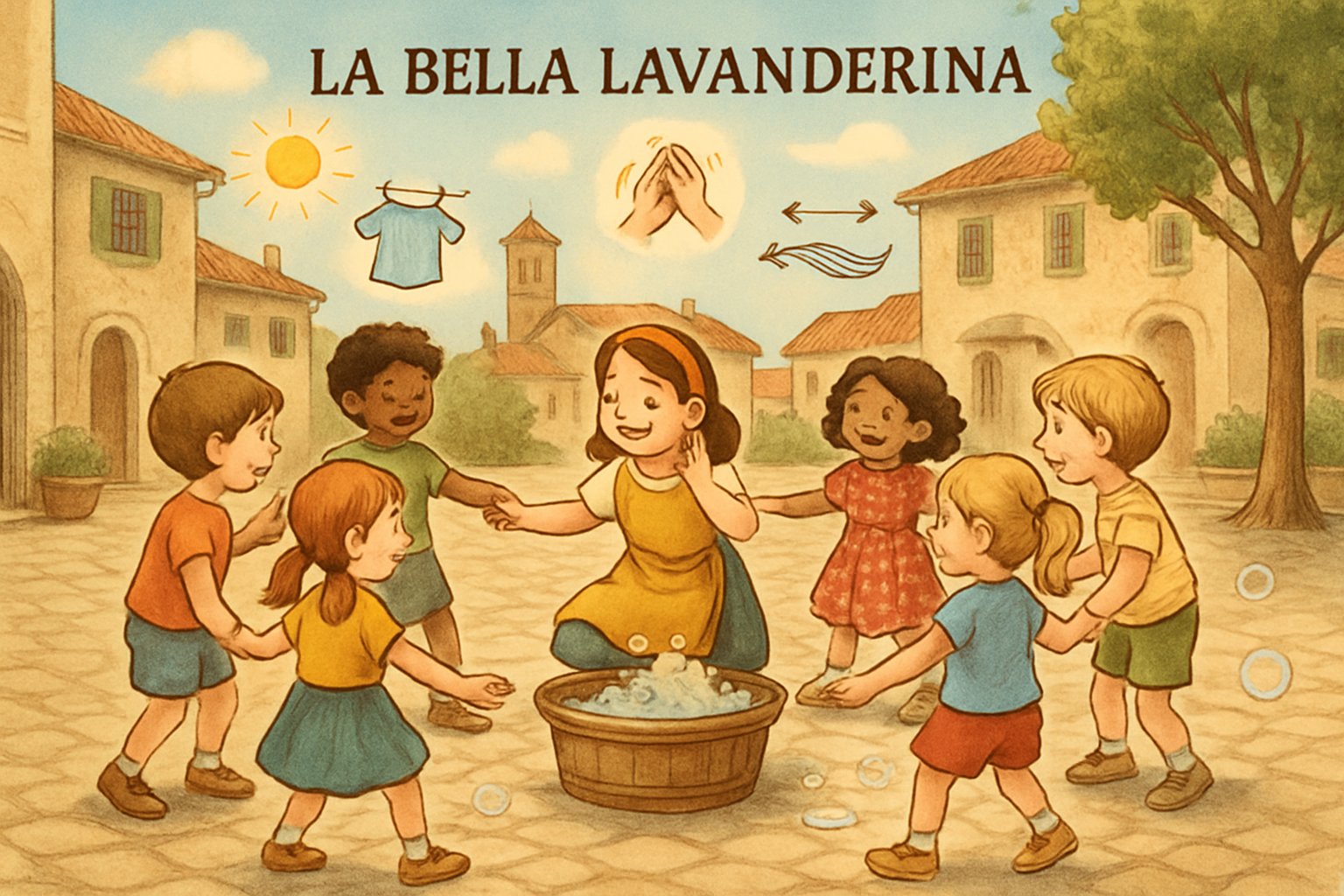 Bambini che giocano insieme all'aperto in una piazza italiana, formando un cerchio mentre uno di loro sta al centro del gioco.