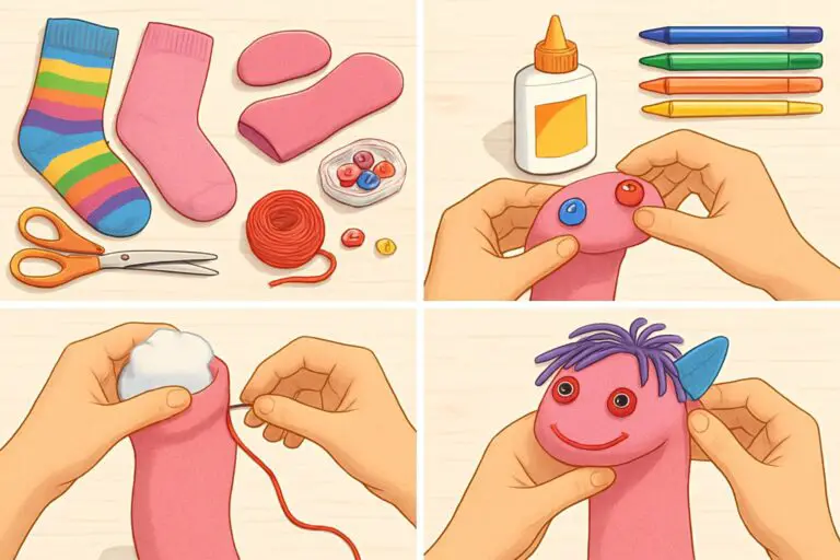Mani che creano marionette con calzini usando materiali come bottoni, filo e colla su un tavolo da lavoro.