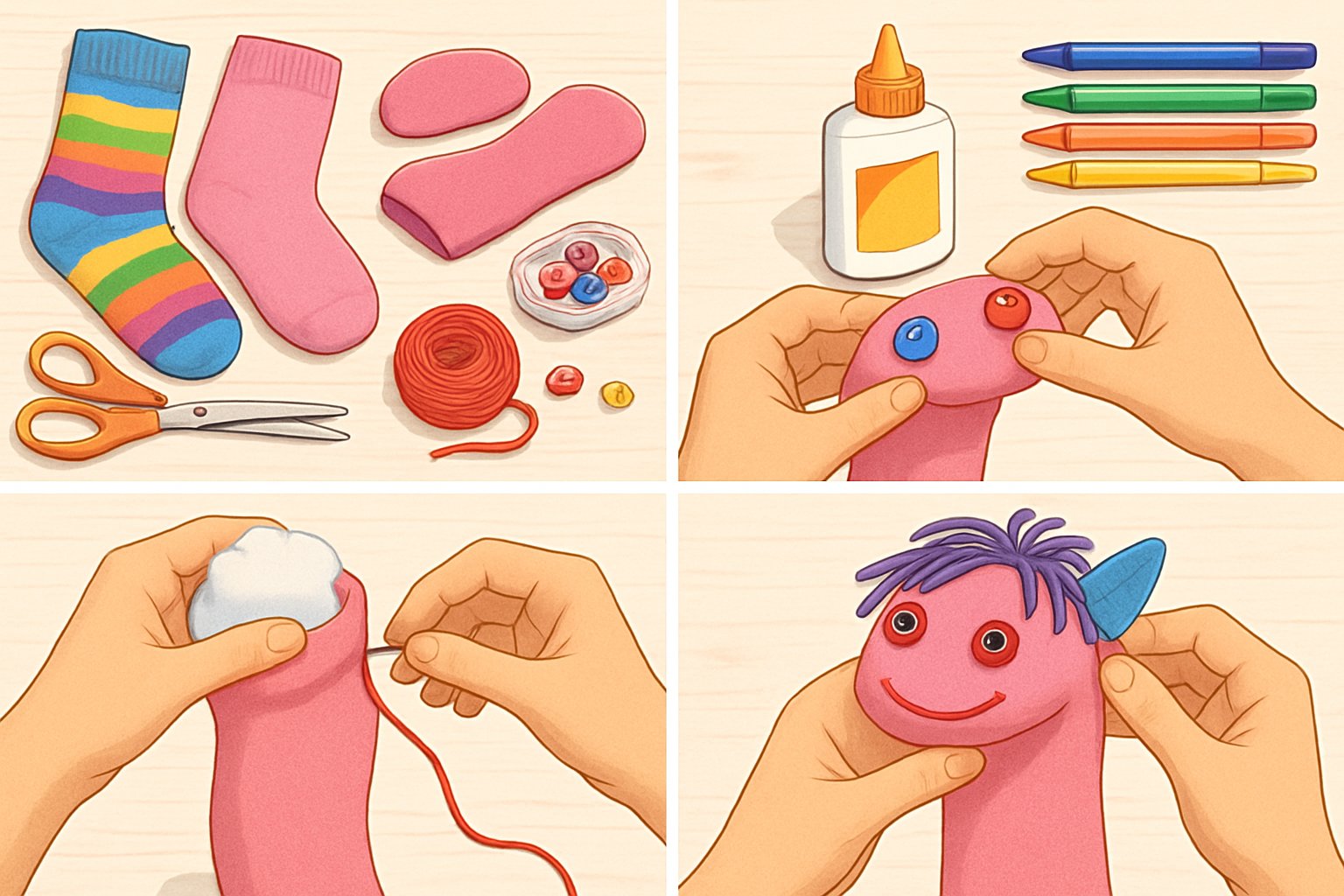 Mani che creano marionette con calzini usando materiali come bottoni, filo e colla su un tavolo da lavoro.