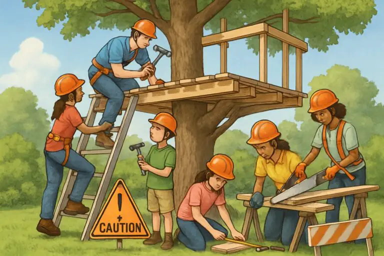 Persone che costruiscono una casetta sull'albero indossando dispositivi di sicurezza in un giardino soleggiato.