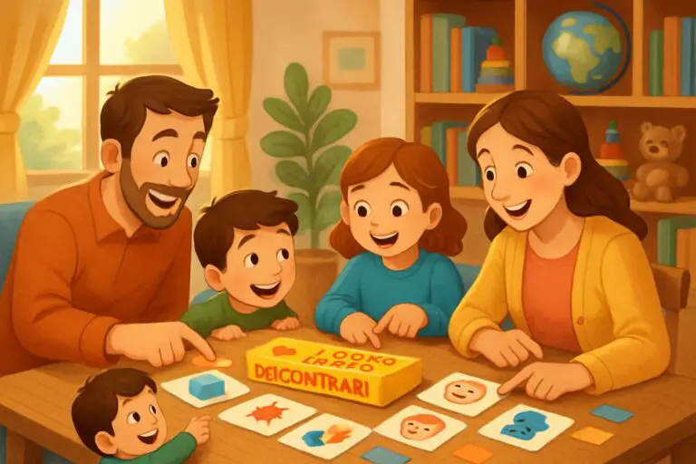 Una famiglia gioca insieme a un gioco da tavolo con carte che mostrano concetti opposti, seduti intorno a un tavolo in una stanza luminosa e accogliente.