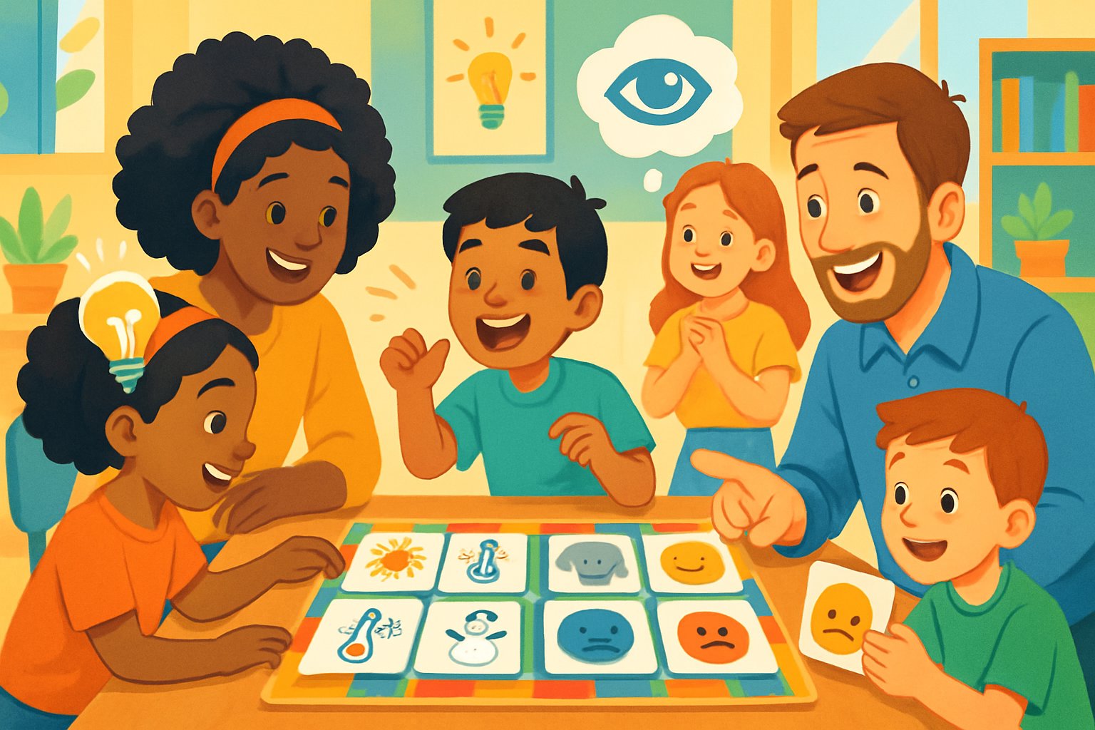 Un gruppo di bambini e adulti che giocano insieme a un gioco educativo con carte di contrari in una stanza luminosa e accogliente.