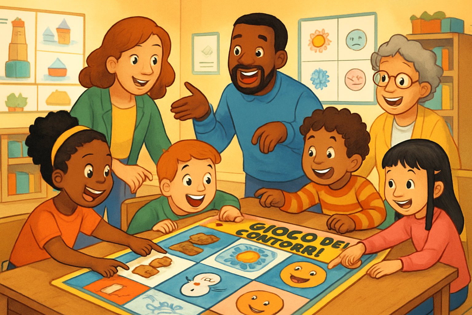 Un gruppo di bambini e adulti che giocano insieme a un gioco educativo sugli opposti in una classe luminosa e accogliente.
