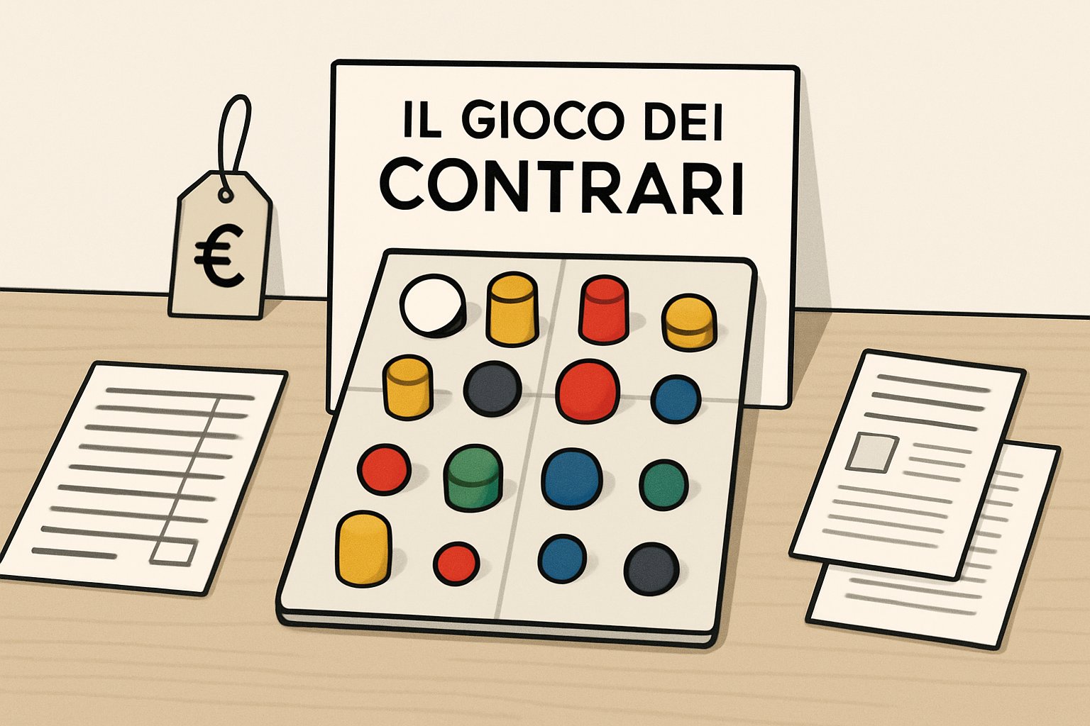 Una scrivania ordinata con un gioco da tavolo colorato che mostra pezzi contrastanti e materiali informativi senza testo, che suggeriscono istruzioni e informazioni pratiche sul gioco.