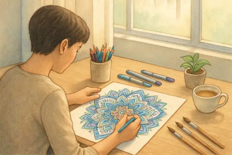 Persona seduta a un tavolo che colora un mandala dettagliato per rilassarsi, con materiali da disegno e una tazza di tè accanto.
