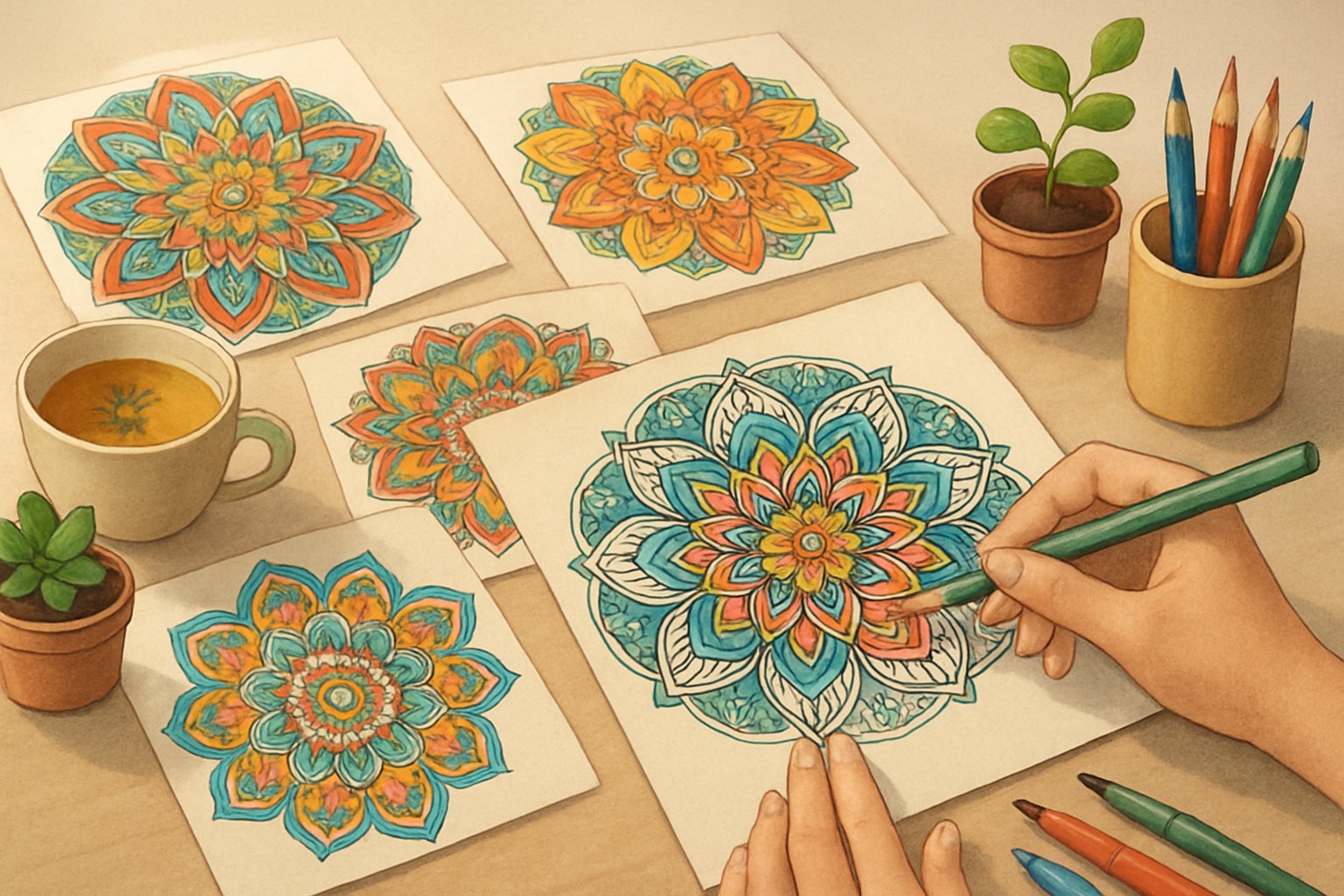 Mani che colorano un mandala dettagliato su un tavolo con matite colorate, circondato da mandala completati e oggetti rilassanti come una tazza di tè e piante.