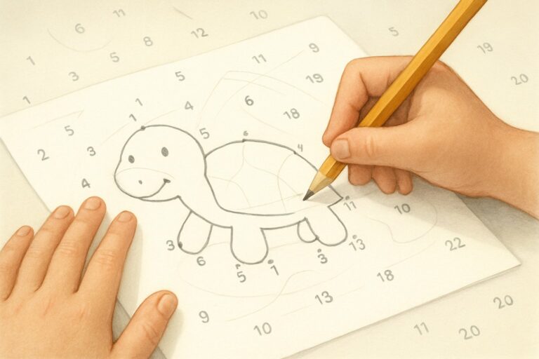 Mani di un bambino che collegano i puntini numerati su un foglio per formare un disegno.