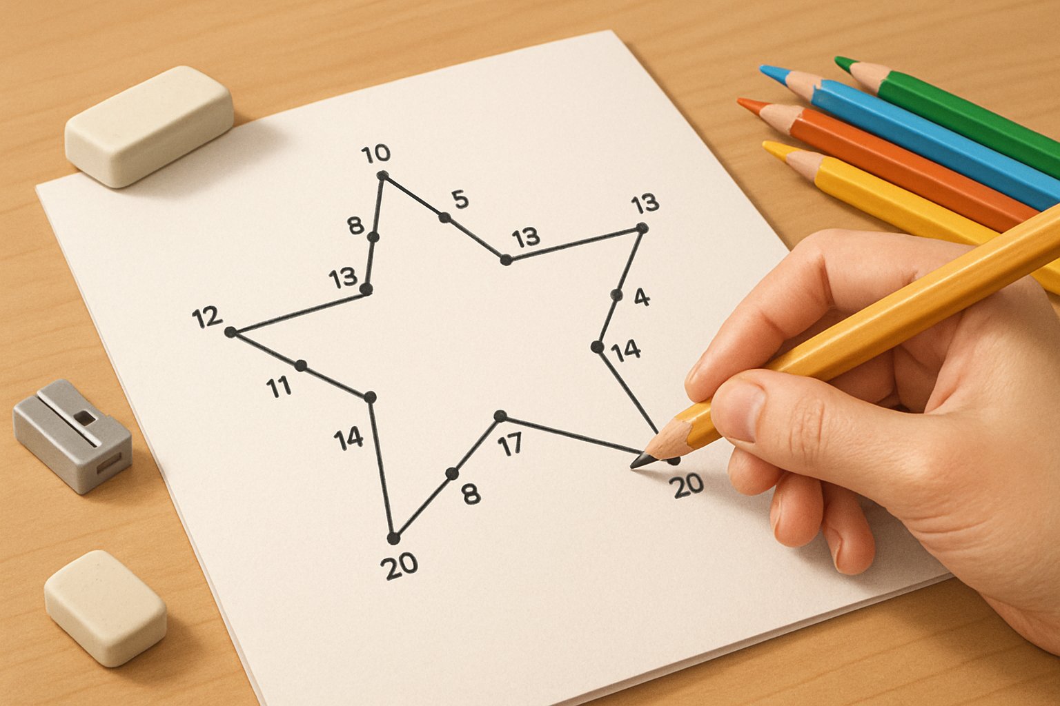 Una mano che collega i puntini numerati su un foglio per completare un disegno, con matite colorate e altri materiali da disegno sul tavolo.
