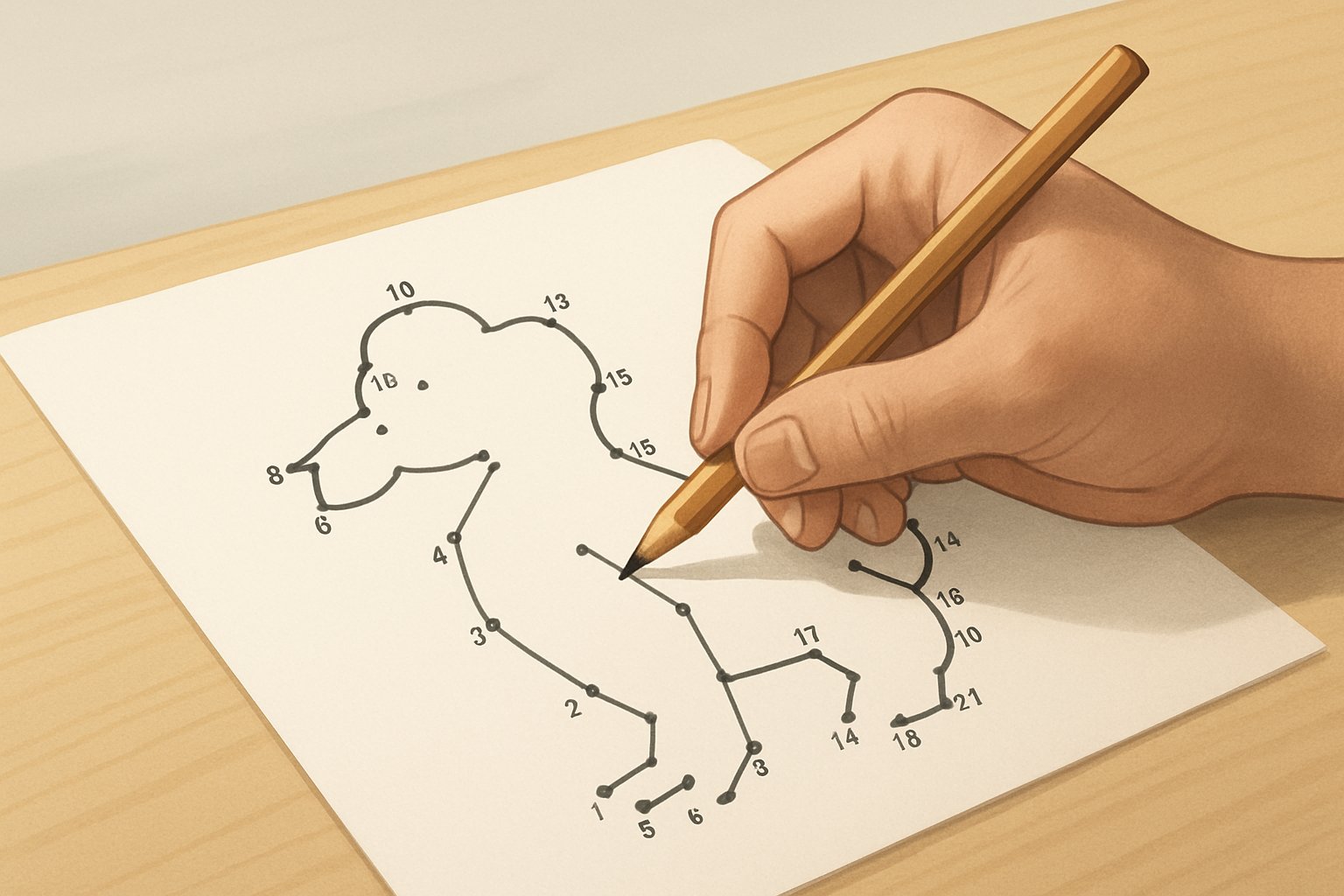 Una mano che collega punti numerati su un foglio bianco con una matita, formando una figura parziale.