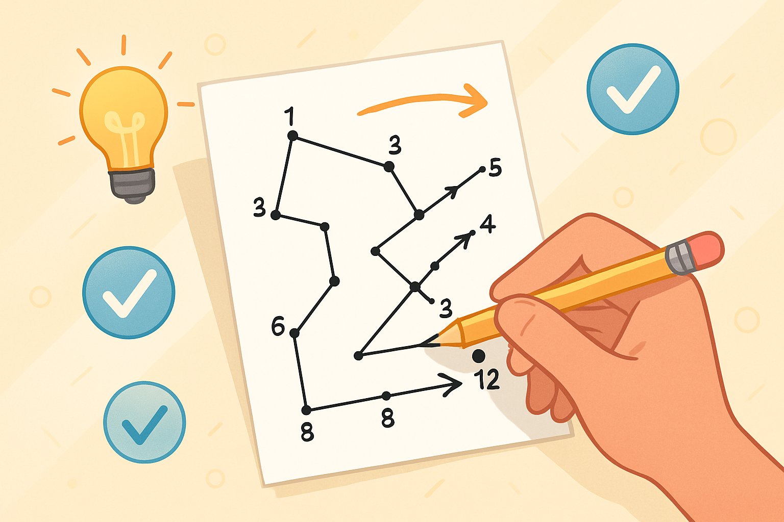 Una mano che collega puntini numerati su un puzzle incompleto, con simboli di strategia e apprendimento intorno.