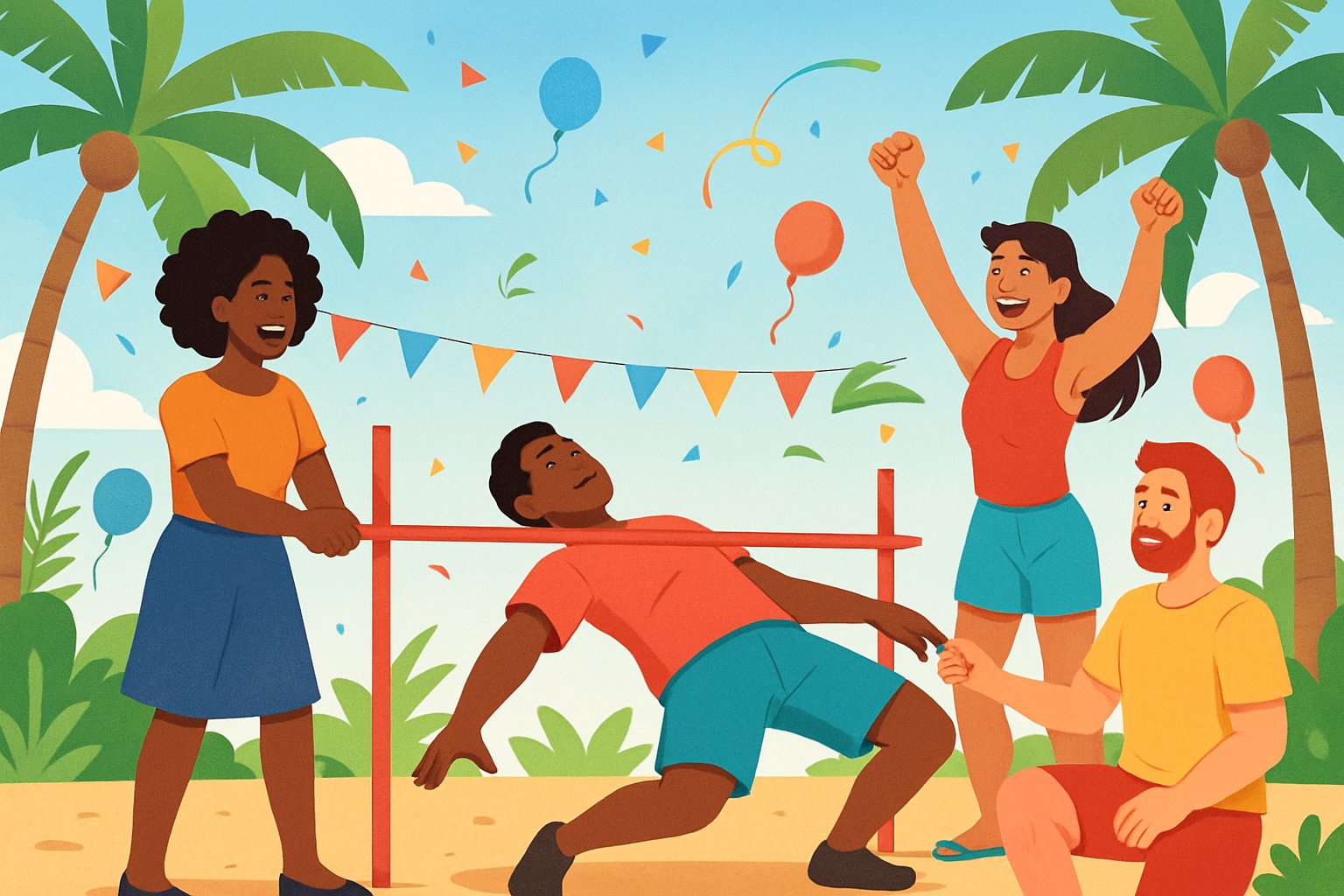 Persone che partecipano a una gara di ballo del limbo all'aperto, con un partecipante che si piega all'indietro per passare sotto un bastone orizzontale tenuto da due persone.