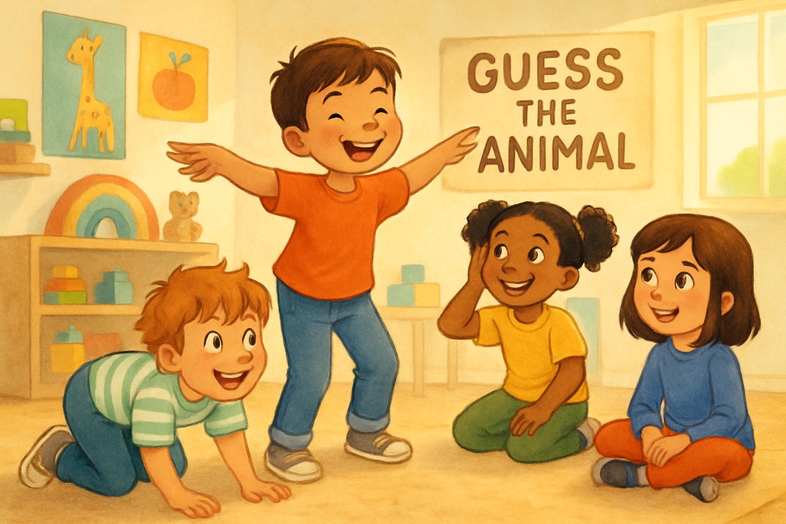 Bambini che giocano insieme a un gioco di indovinare animali facendo versi e movimenti in una stanza luminosa e colorata.