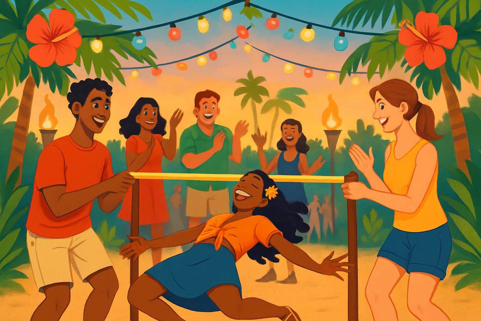 Persone che ballano il limbo in una festa all'aperto con decorazioni tropicali e luci colorate.