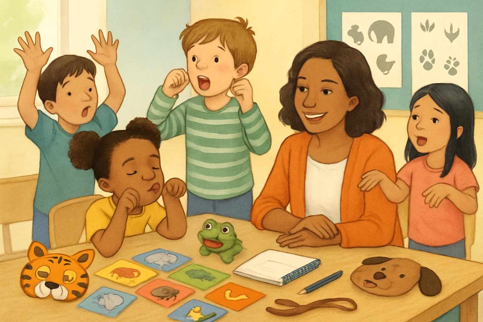 Bambini e un adulto che giocano a indovinare animali usando suoni e movimenti, con materiali come carte e maschere su un tavolo.