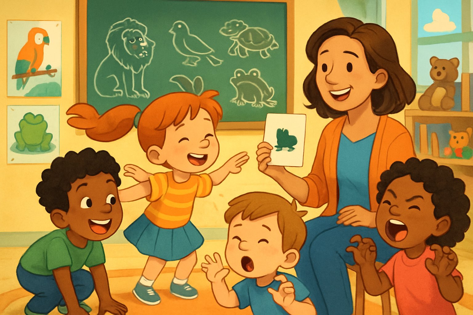Bambini e insegnante che giocano insieme a un gioco di indovinare animali con versi e movimenti in una classe luminosa e colorata.