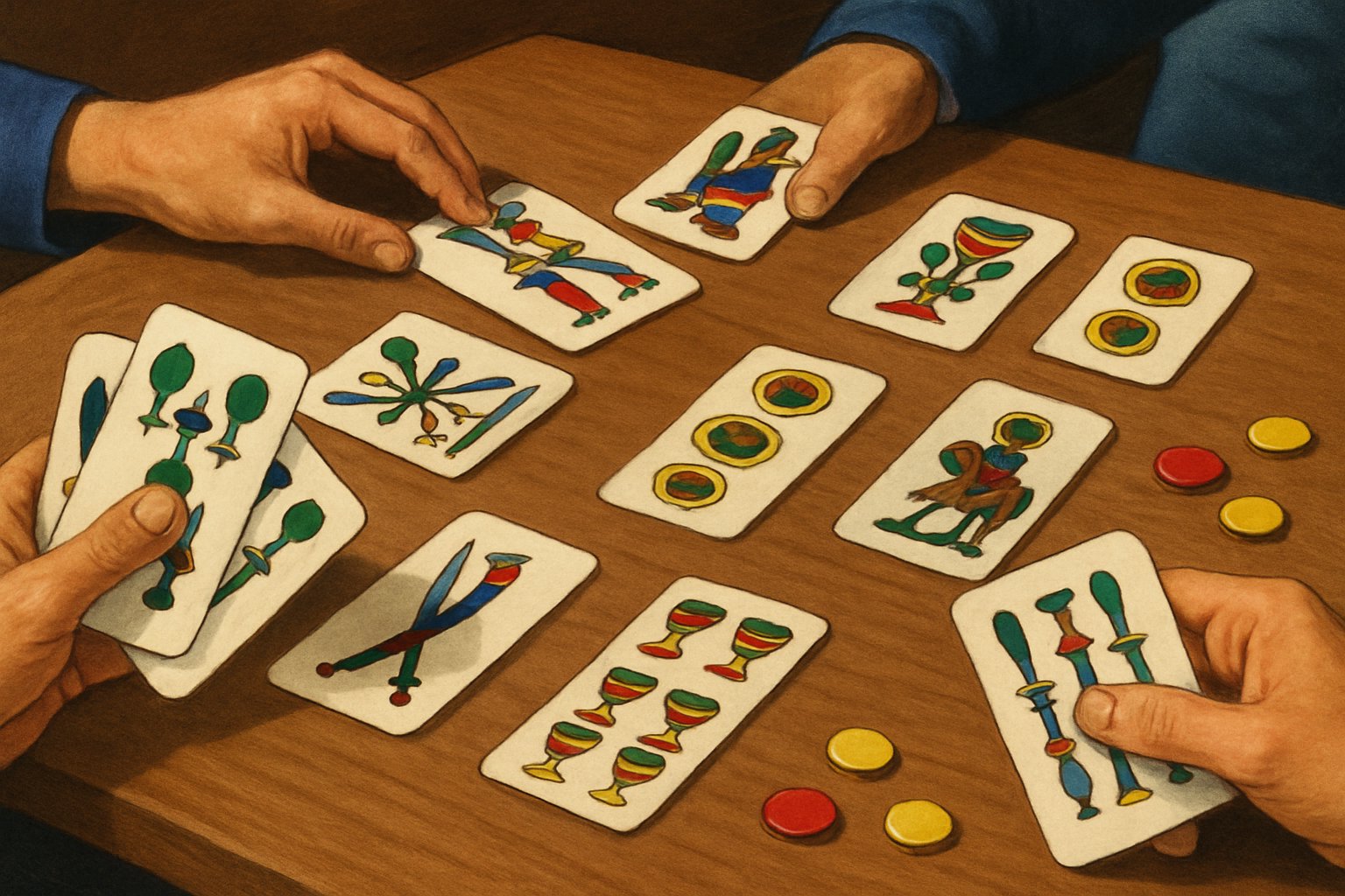Persone che giocano a Il Gioco della Scopa con un mazzo di carte italiane su un tavolo di legno.