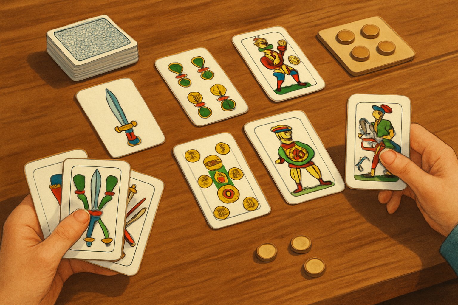Un tavolo con carte napoletane disposte per giocare a Il Gioco della Scopa, con mani di giocatori che tengono le carte e un tabellone per il punteggio accanto.
