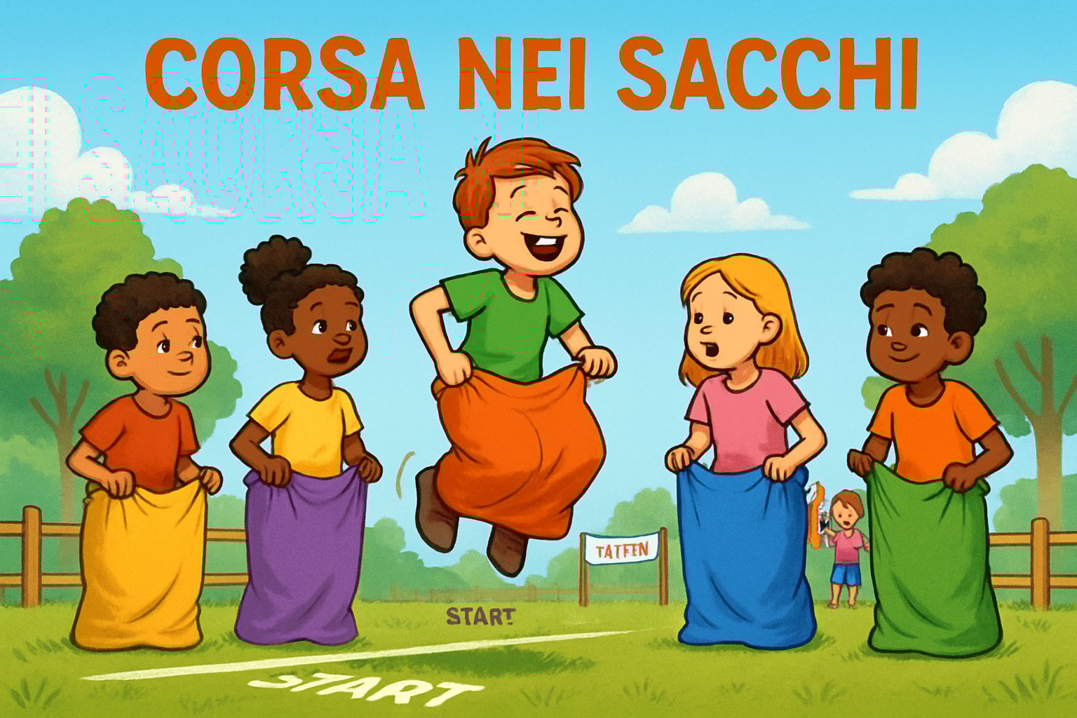 Bambini che partecipano a una corsa nei sacchi all'aperto, alcuni saltano dentro sacchi di iuta colorati su un prato verde.