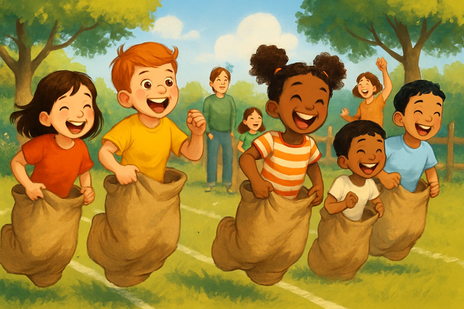 Bambini che partecipano a una corsa nei sacchi all'aperto, saltando su un prato verde mentre alcuni adulti li osservano e incoraggiano.
