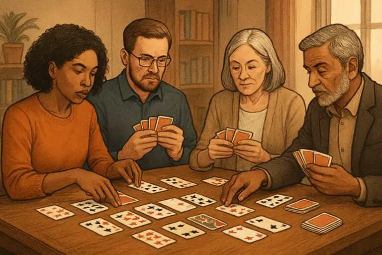 Persone sedute intorno a un tavolo che giocano a un gioco di carte, concentrati e intenti a scambiare e sistemare le carte.