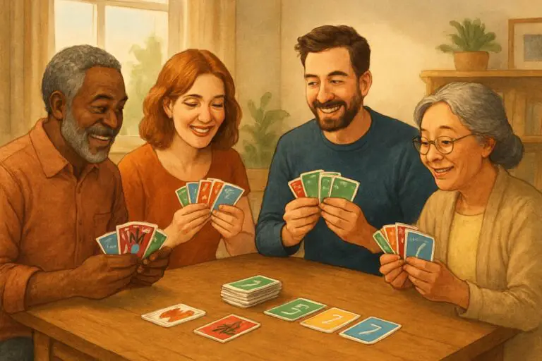 Quattro adulti seduti attorno a un tavolo che giocano a carte insieme in una stanza accogliente.