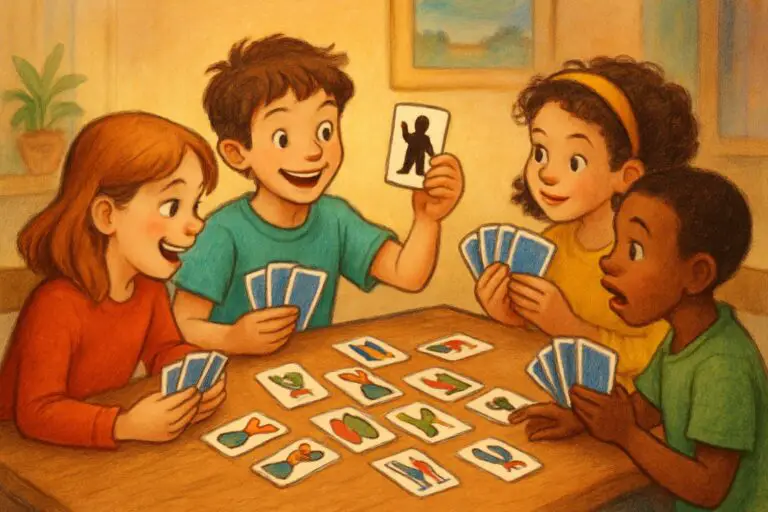Un gruppo di bambini seduti attorno a un tavolo che giocano con le carte, concentrati e felici, in un ambiente accogliente.
