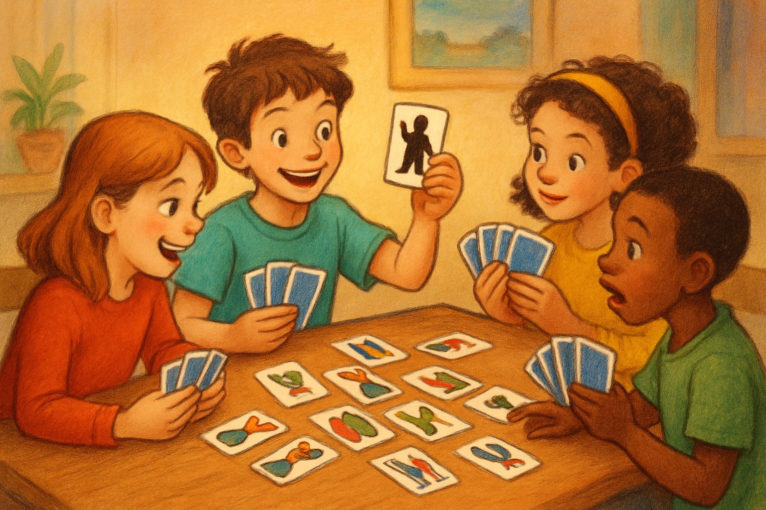 Un gruppo di bambini seduti attorno a un tavolo che giocano con le carte, concentrati e felici, in un ambiente accogliente.