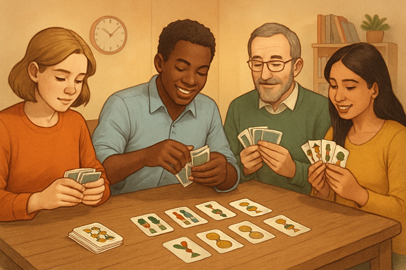 Persone sedute attorno a un tavolo che preparano e giocano a un gioco di carte tradizionale italiano.