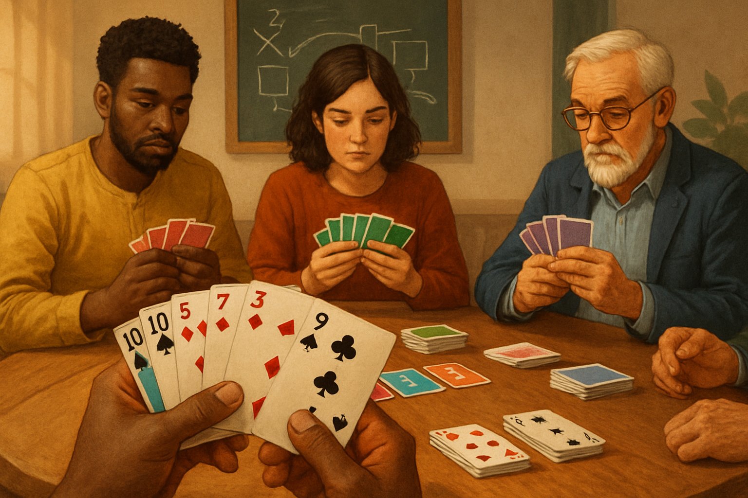 Un gruppo di persone gioca a carte attorno a un tavolo, concentrati e intenti a pianificare mosse strategiche per il gioco Uomo Nero.