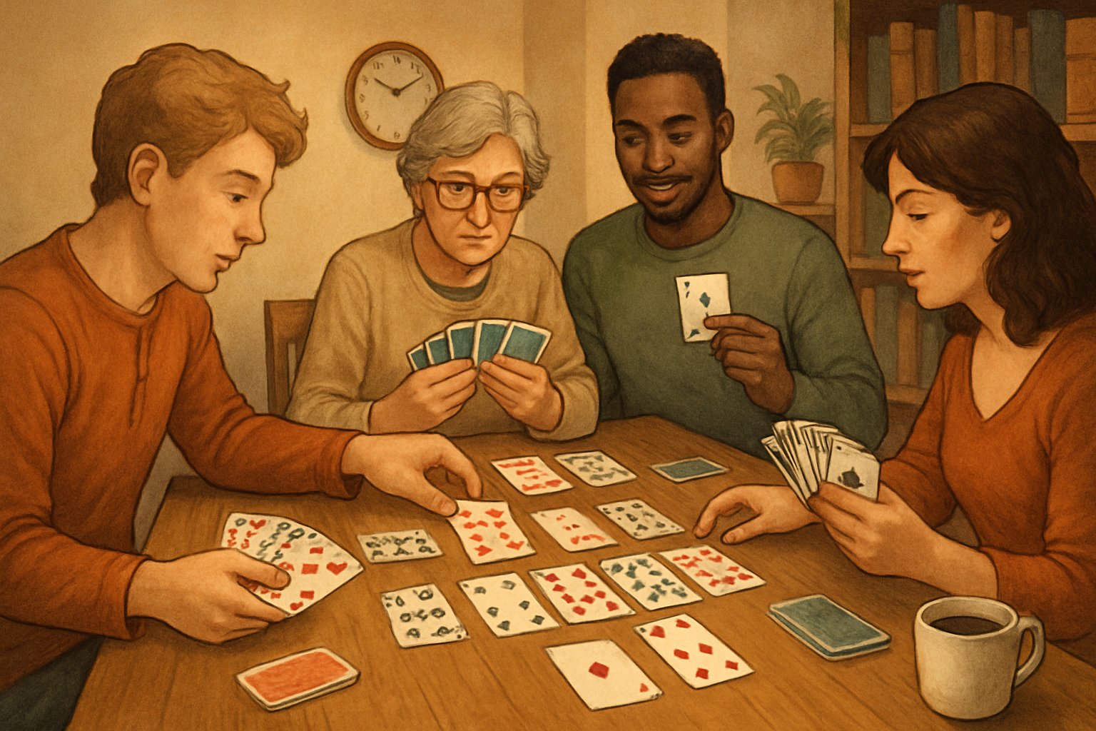 Persone sedute attorno a un tavolo che giocano a Machiavelli con carte da gioco, concentrati sul gioco.