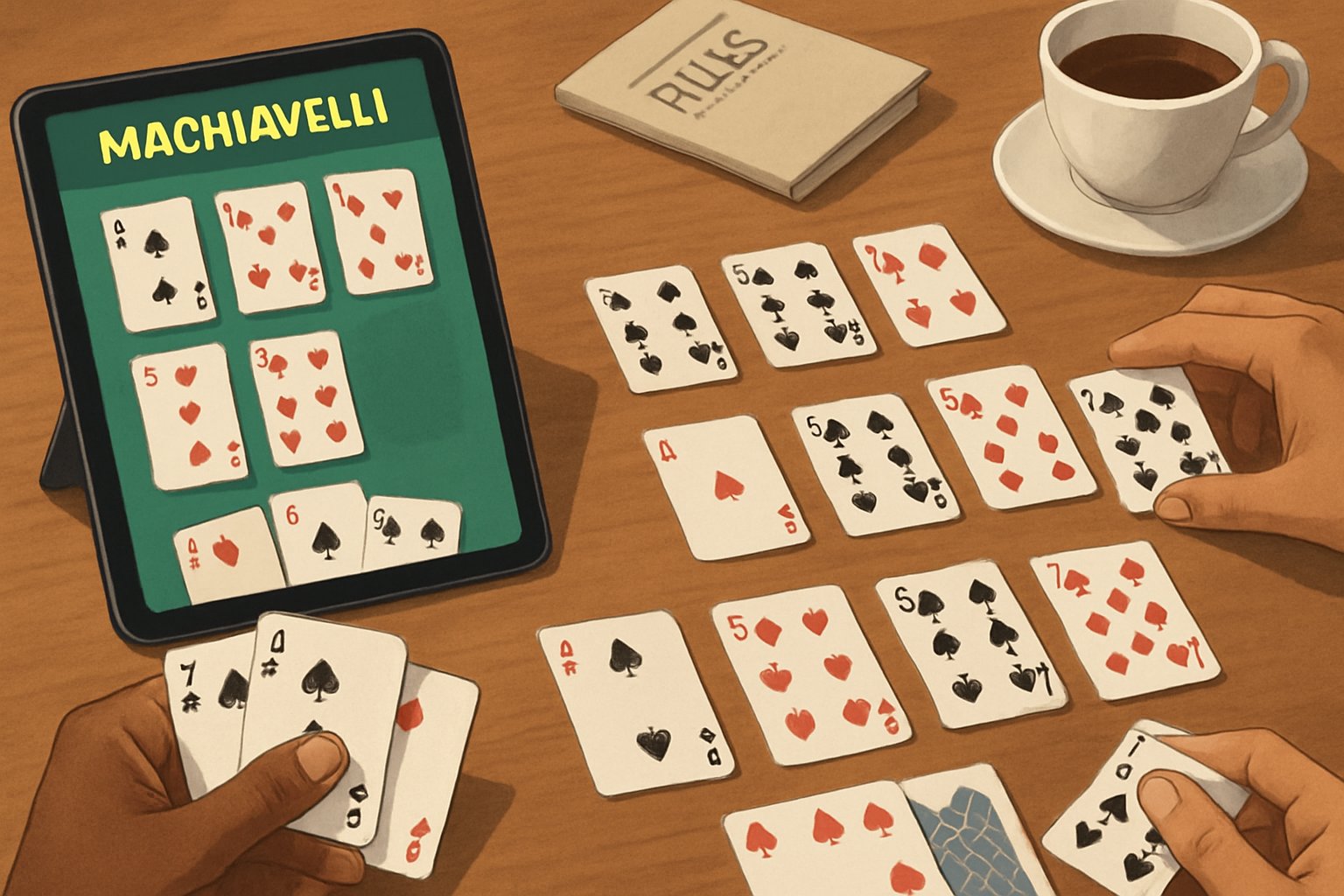 Persone che giocano a Machiavelli con carte fisiche e una versione digitale su tablet su un tavolo.