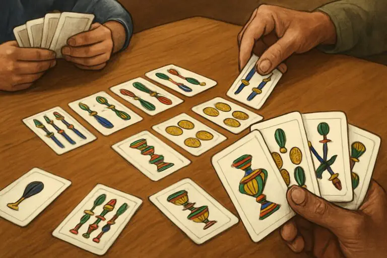 Mani di giocatori che dispongono carte italiane su un tavolo durante una partita di Scala Quaranta.