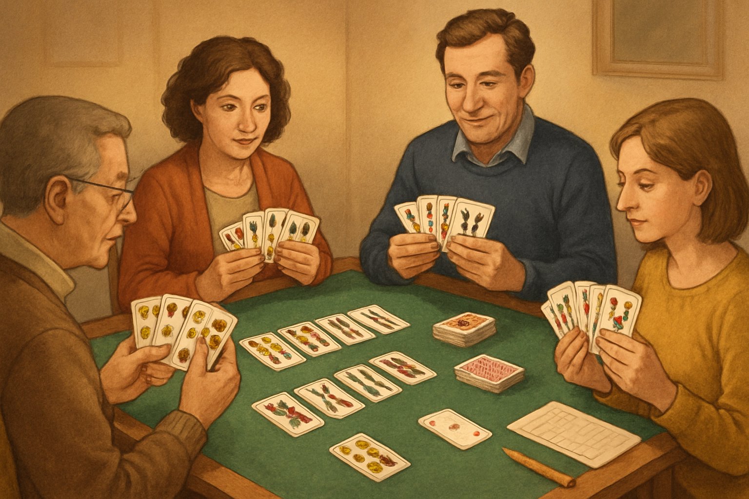 Quattro persone sedute attorno a un tavolo da gioco con carte da Scala Quaranta, mentre giocano e mostrano sequenze di carte sul tavolo.