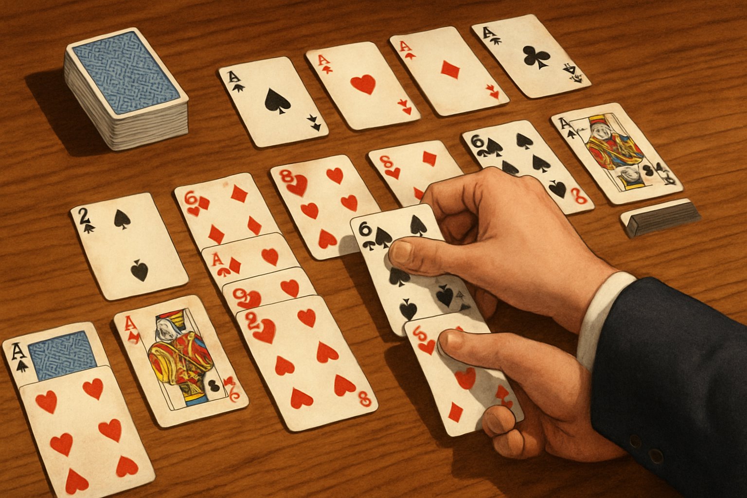 Una mano che gioca a Solitario con carte disposte su un tavolo di legno.
